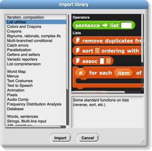 The libraries import dialog