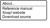 Snap! logo menu showing options: About, Reference Manual, Snap! Website and Download Source