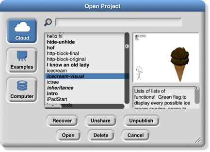 The Open Project Dialog in Snap!