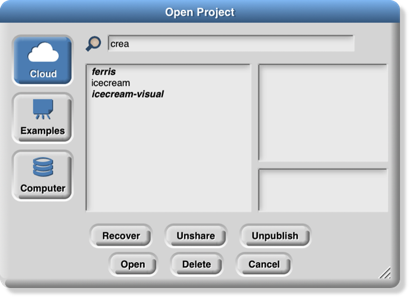 The open dialog showing a search filter for the text “cre”