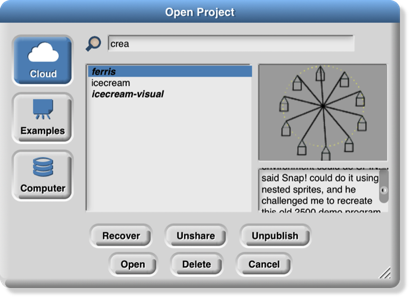 Open dialog showing a project called “ferris” selected