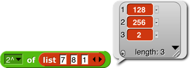 Hyperblock exponent: `2^ of (list 7 8 1)` returns the list 128, 256, 2.